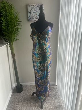 Blue Teal and Gold Sequin Maxi Dress with V-Neck